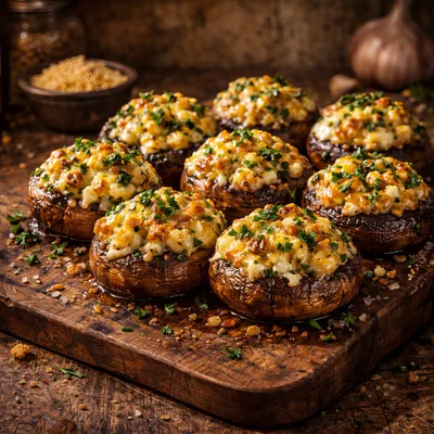 Stuffed Mushrooms With Cheese And Herbs On Wooden Board