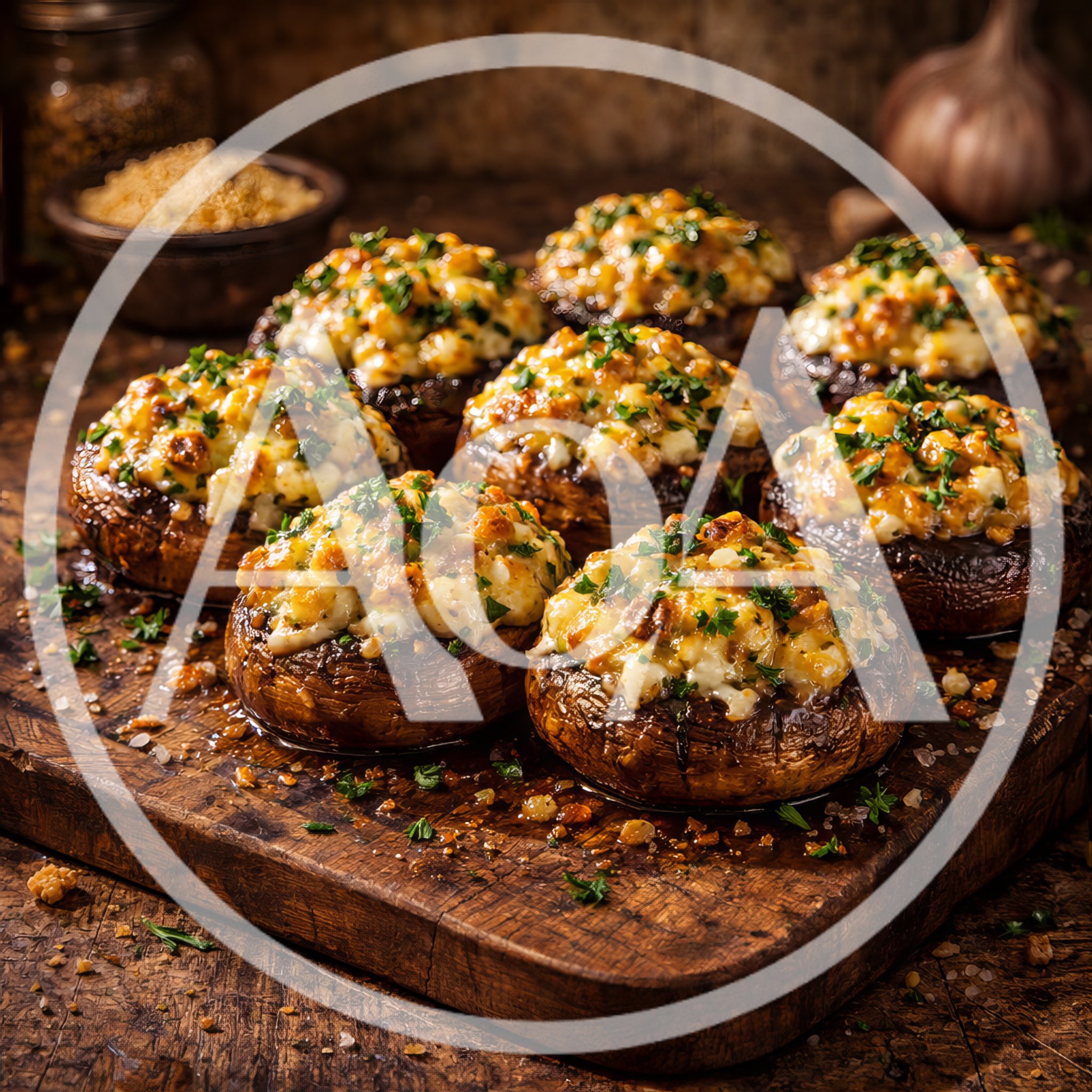 Stuffed Mushrooms With Cheese And Herbs On Wooden Board