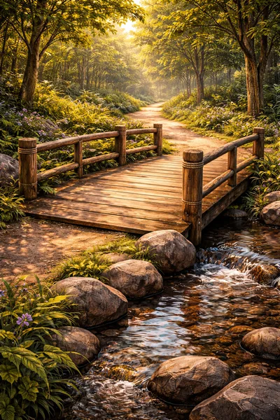 Wooden Footbridge Over A Forest Stream At Sunset