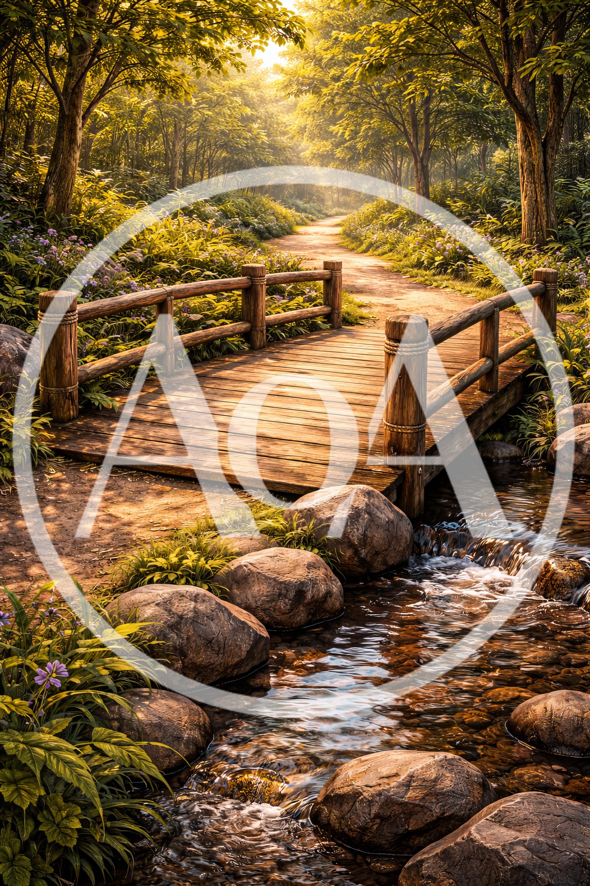 Wooden Footbridge Over A Forest Stream At Sunset
