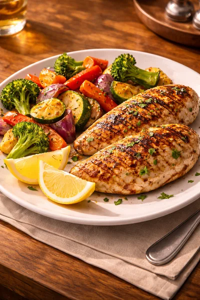 Grilled Chicken Breast with Roasted Vegetables and Lemon