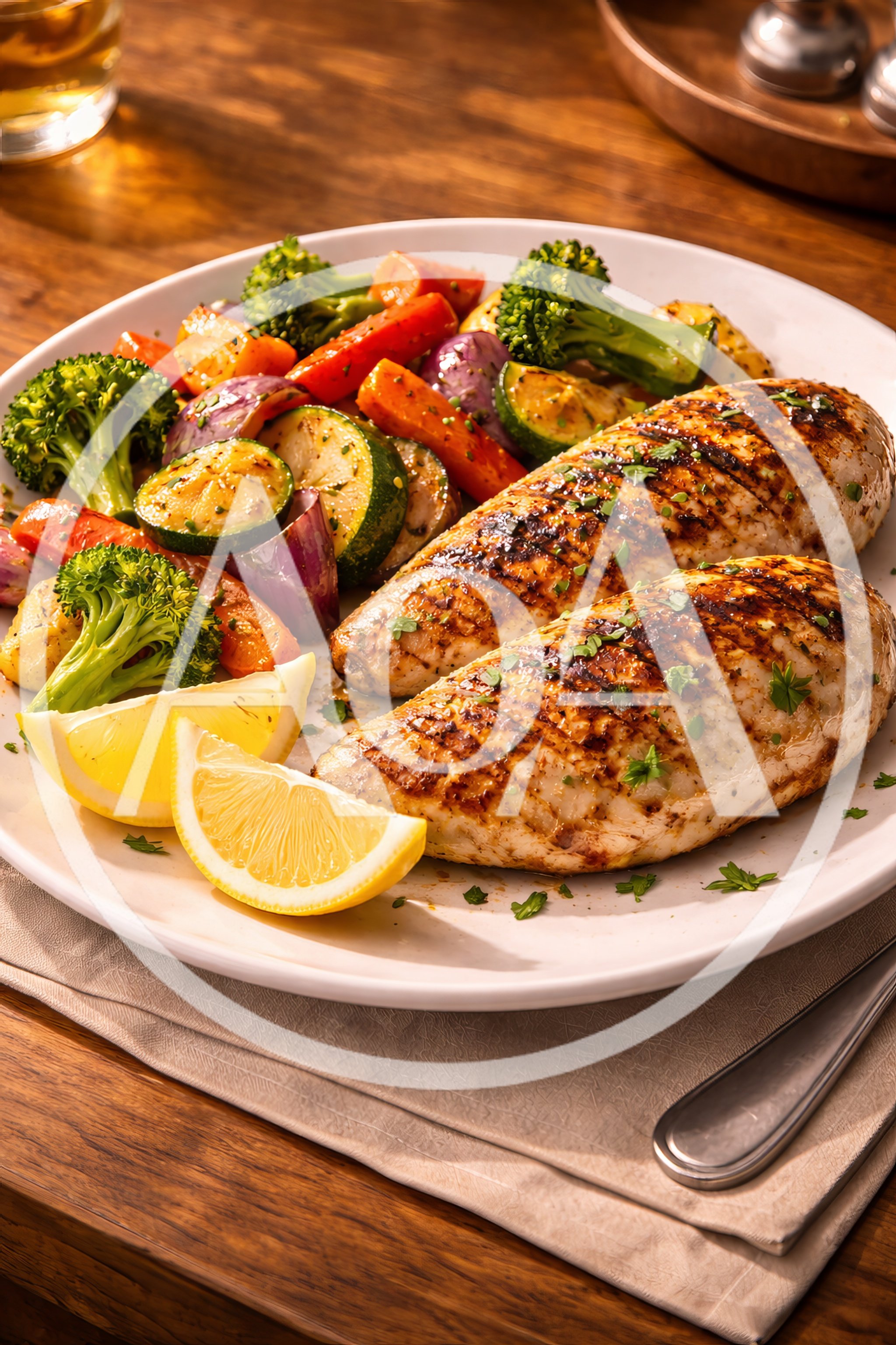 Grilled Chicken Breast with Roasted Vegetables and Lemon