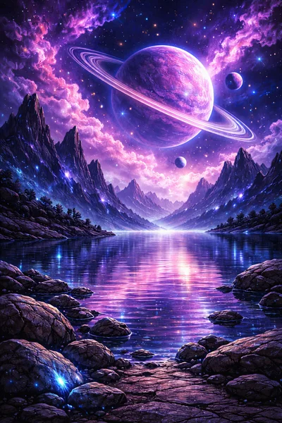 Surreal Alien Landscape With Ringed Planet And Lake