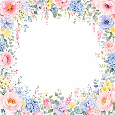 Floral Watercolor Frame With Pastel Spring Flowers