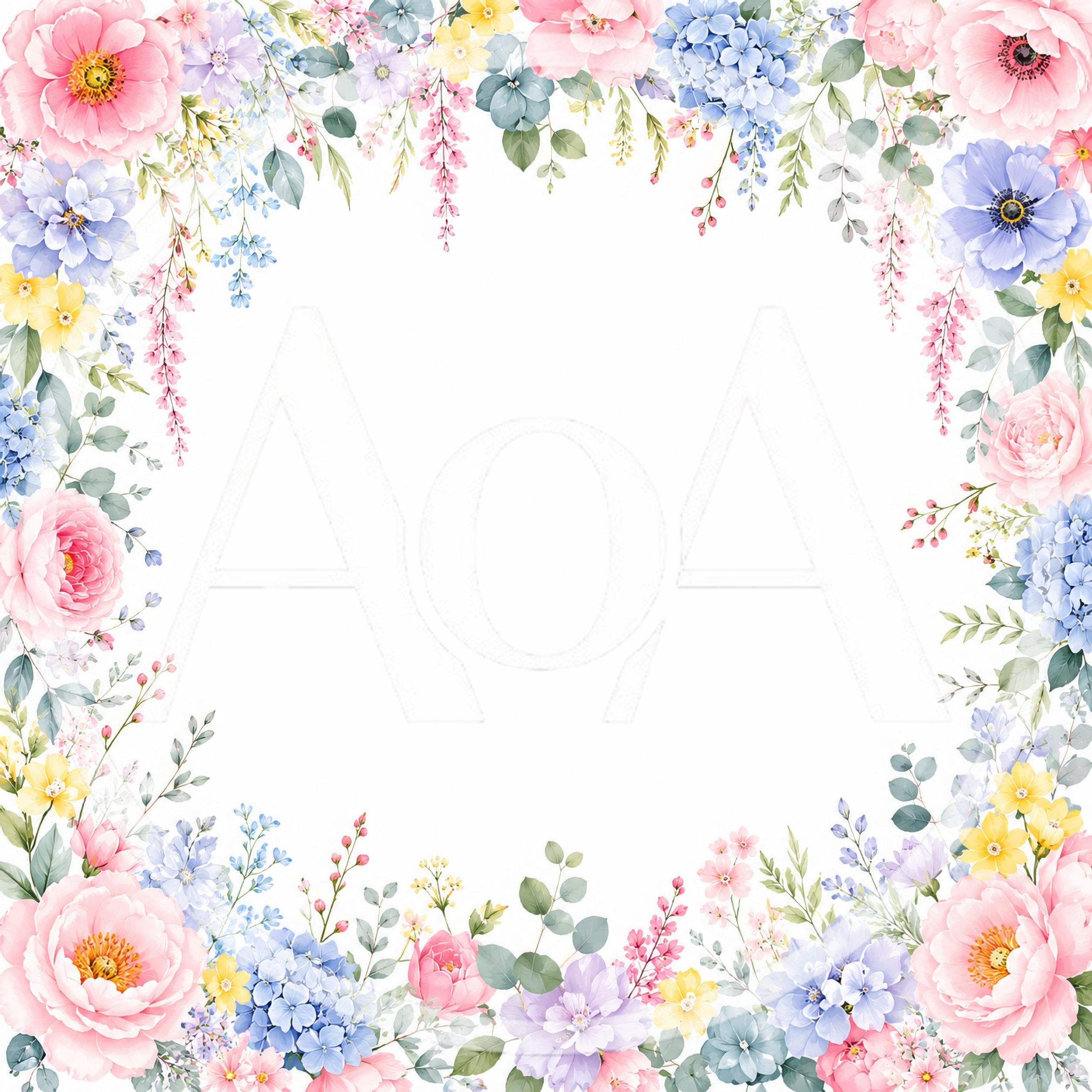 Floral Watercolor Frame With Pastel Spring Flowers