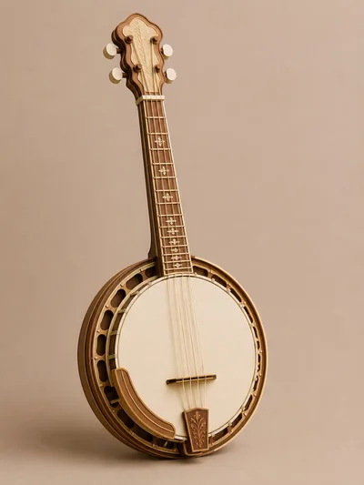 Ornate Wooden Banjo Isolated On Neutral Background