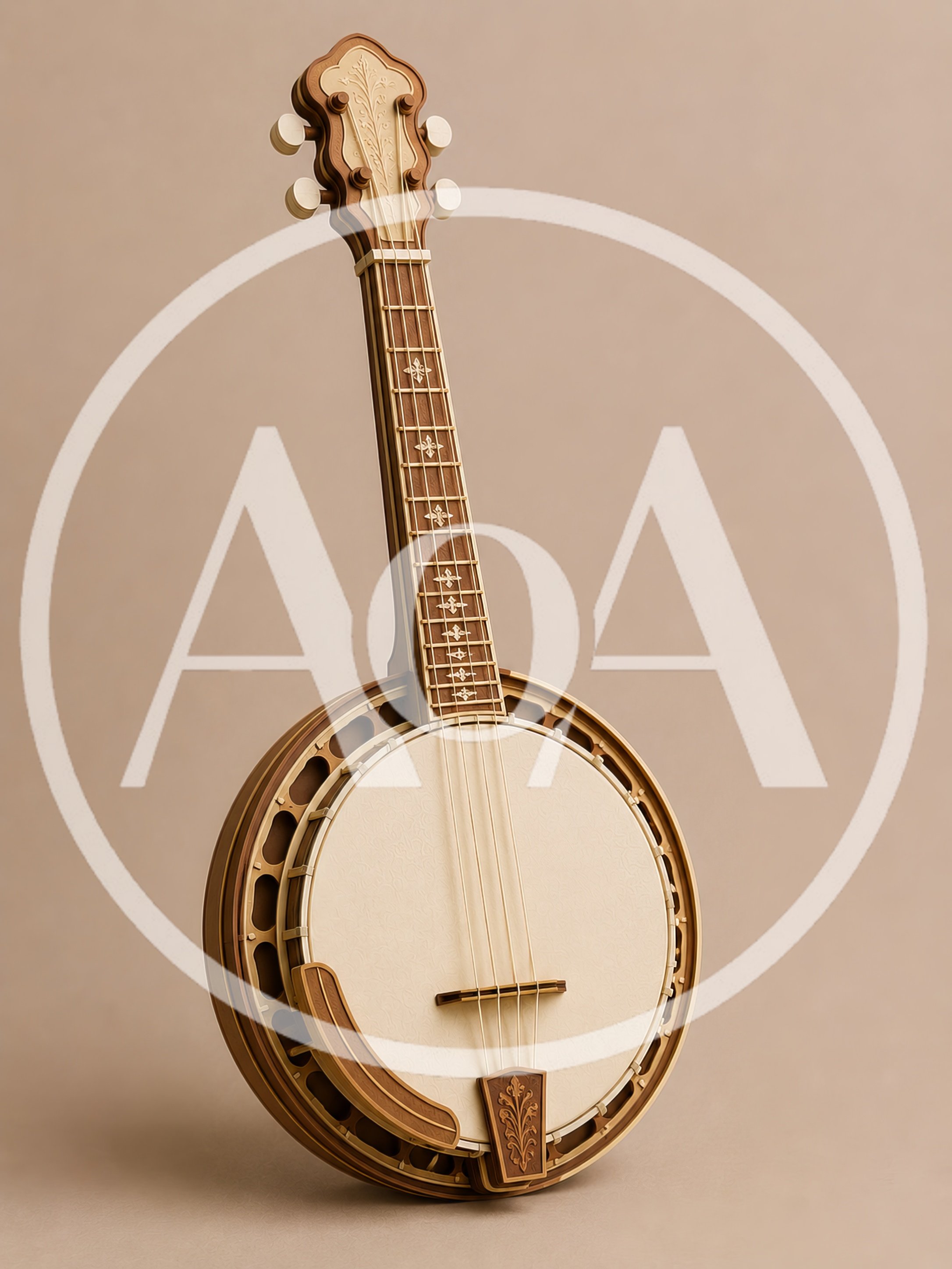 Ornate Wooden Banjo Isolated On Neutral Background