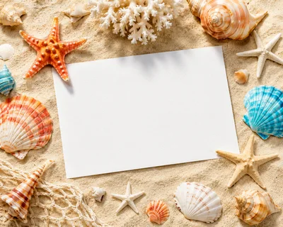 Blank Paper Card Surrounded By Seashells And Starfish