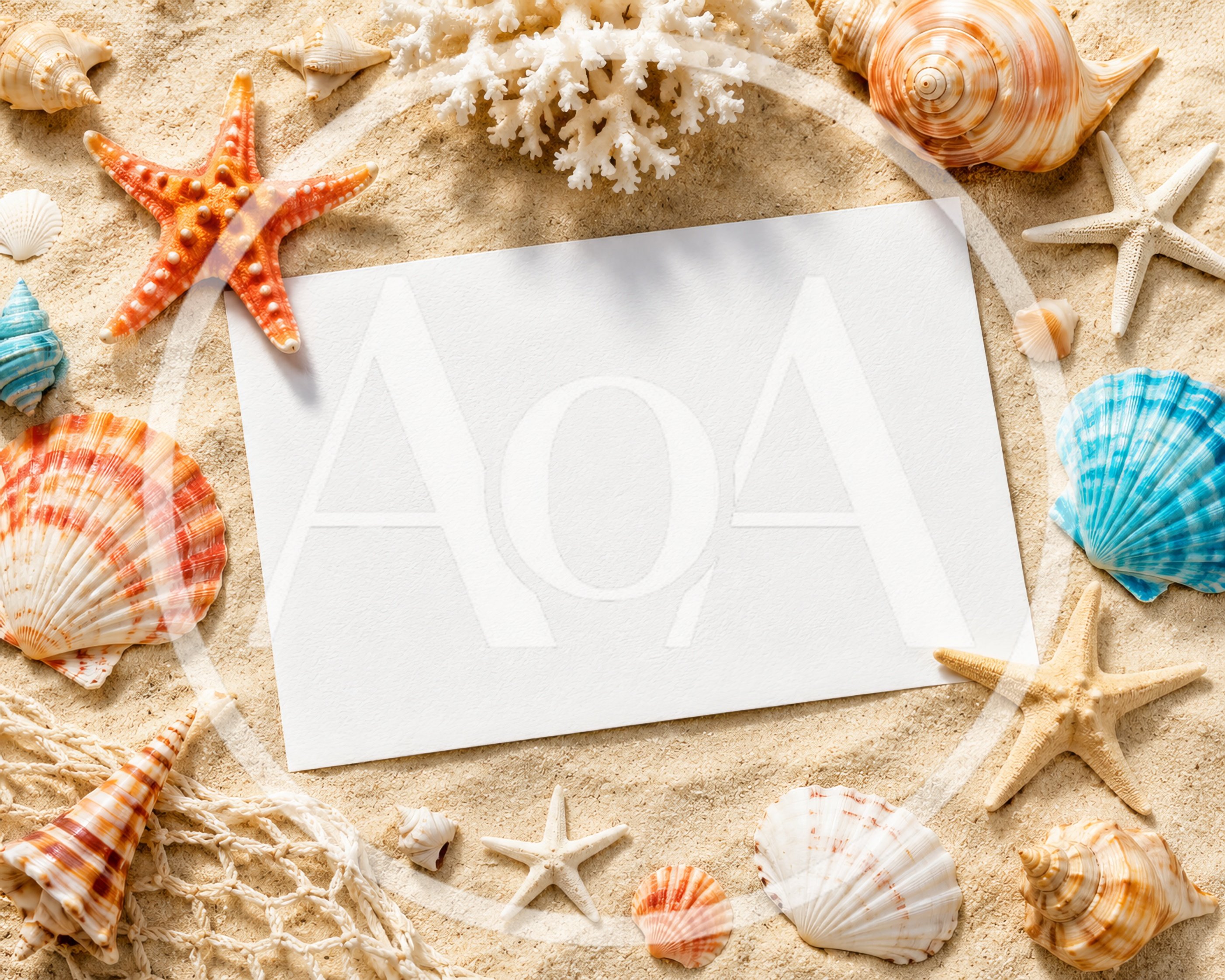 Blank Paper Card Surrounded By Seashells And Starfish