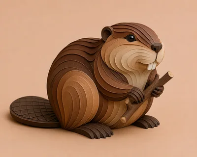 Stylized Layered Paper Art Beaver Holding A Stick