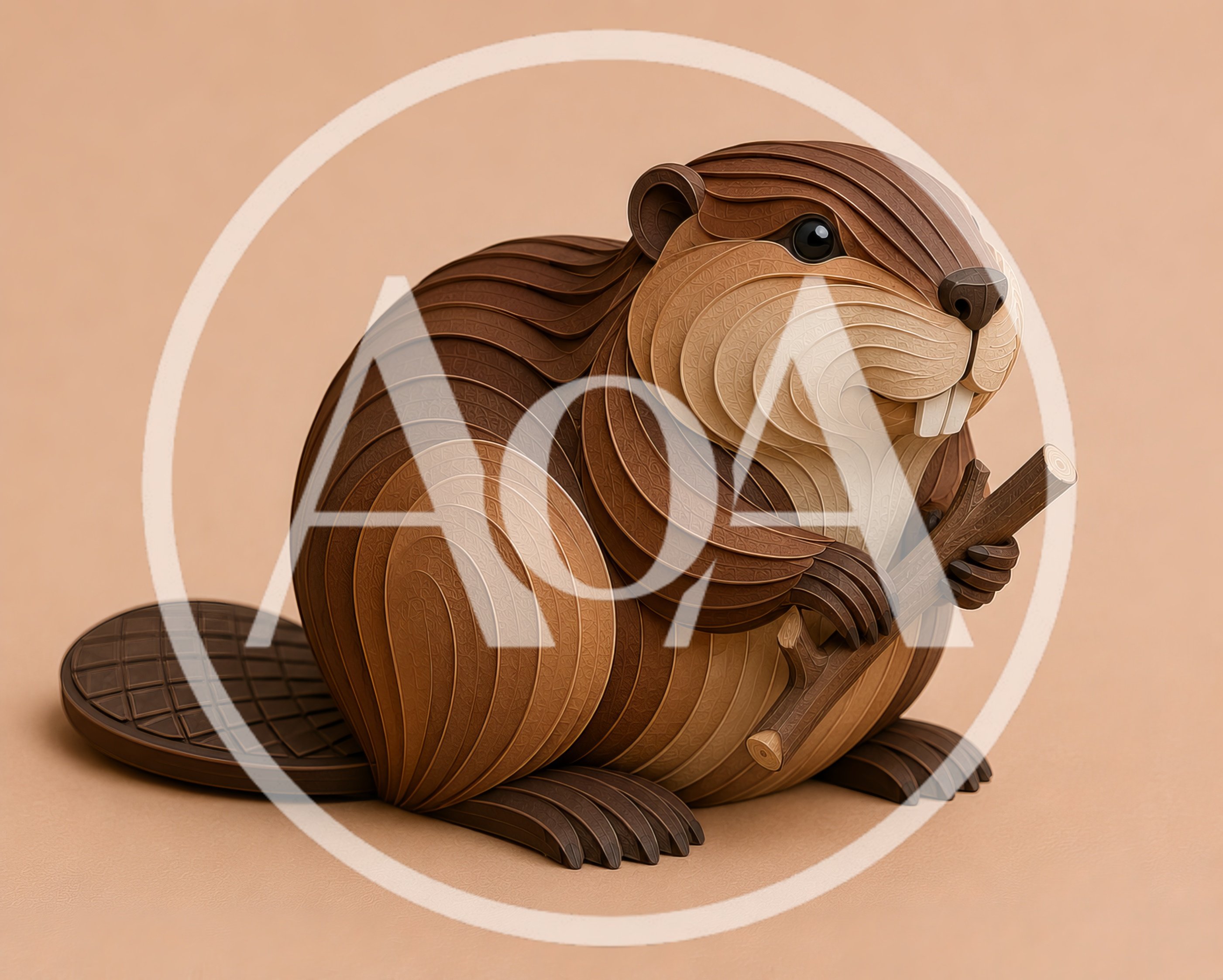 Stylized Layered Paper Art Beaver Holding A Stick