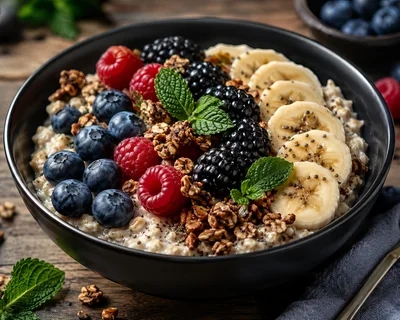 Healthy Oatmeal Bowl With Fresh Berries And Bananas