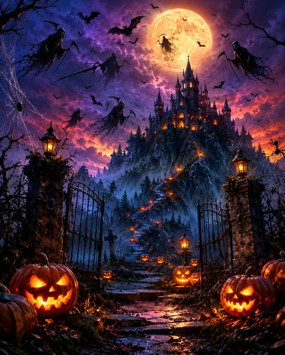 Spooky Halloween Castle With Jack O Lanterns