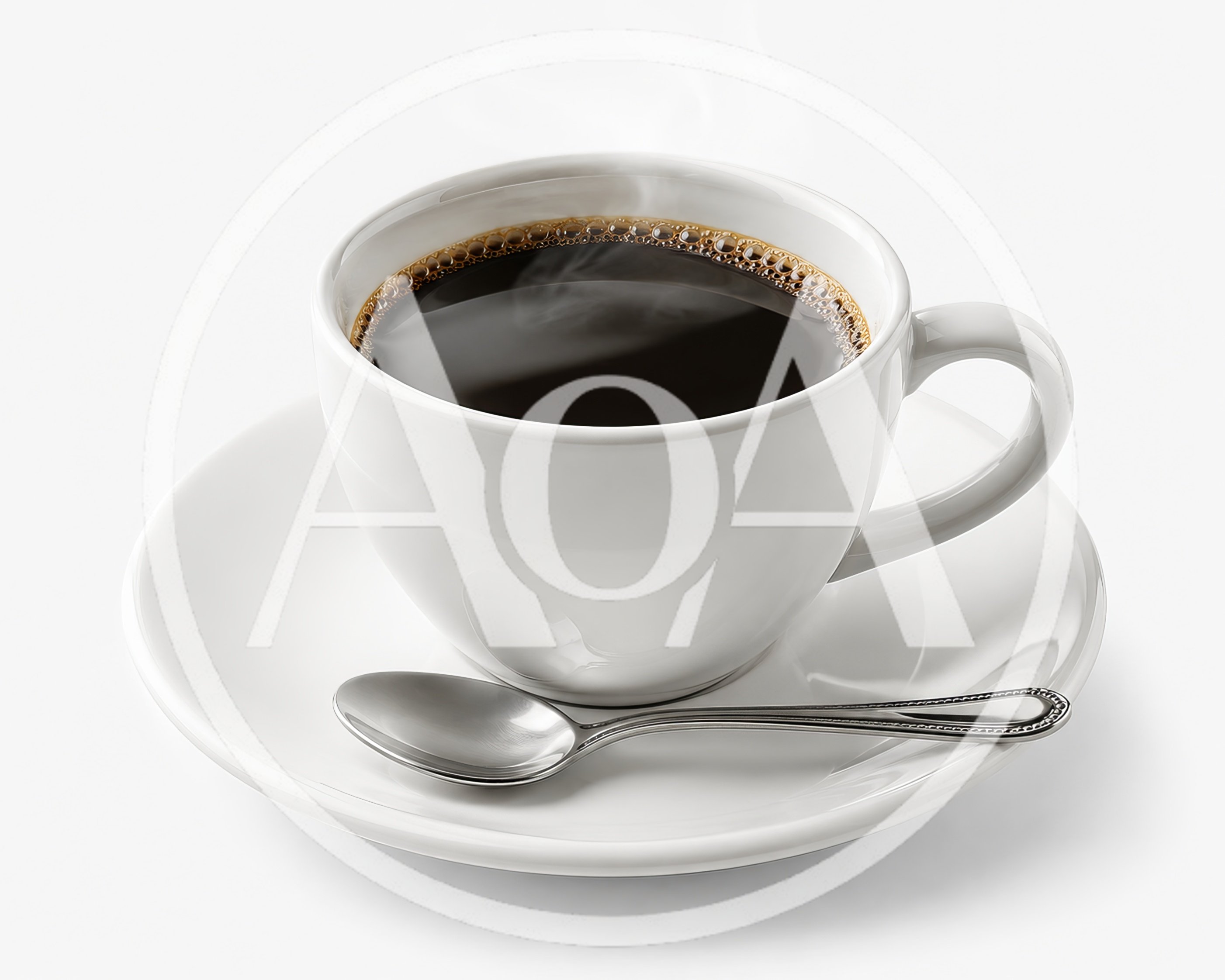 Steaming Cup Of Black Coffee With Silver Spoon