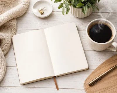 Open Notebook With Coffee And Plant On Wooden Desk