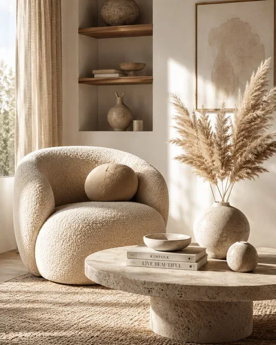 Modern Minimalist Living Room With Boucle Armchair