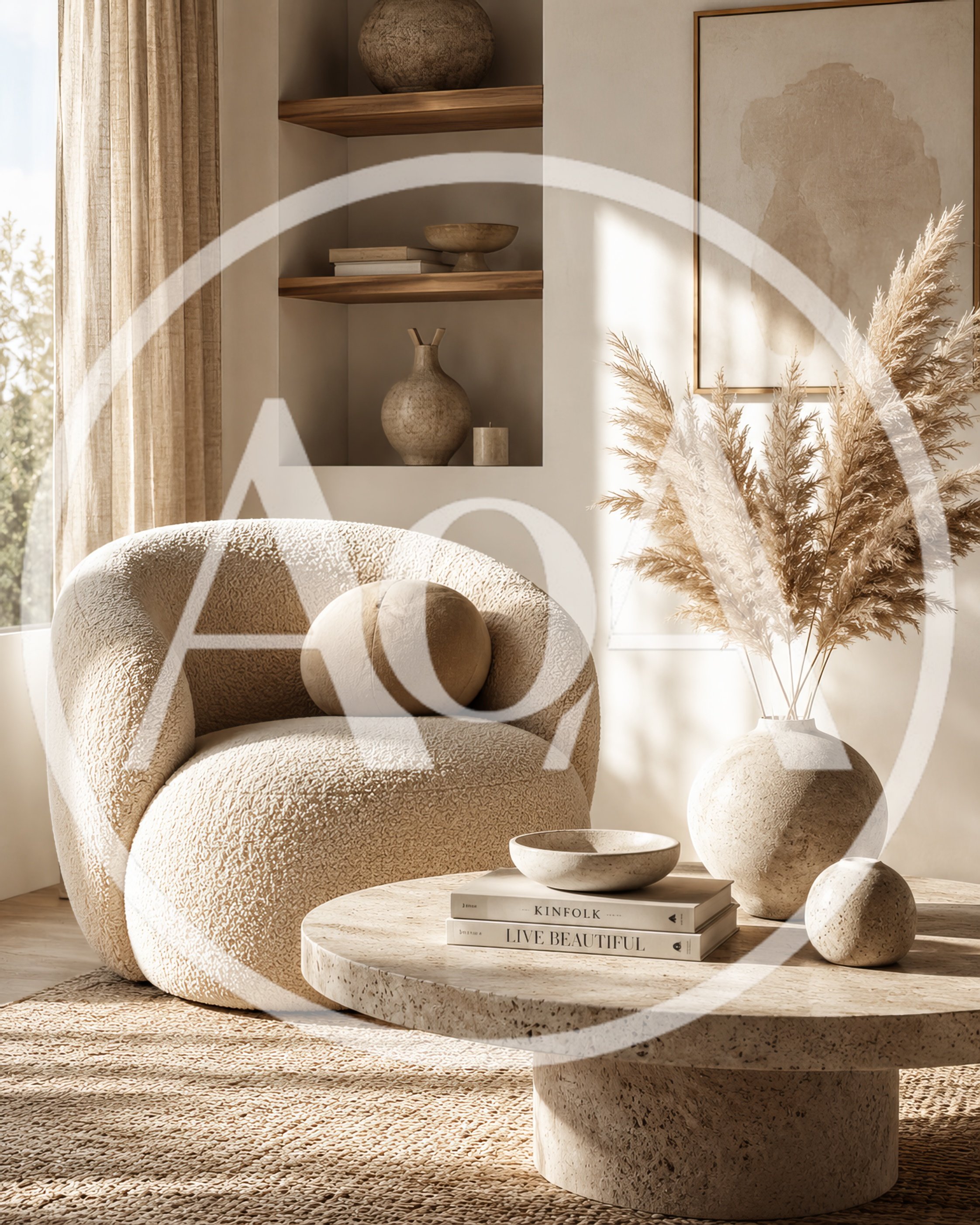 Modern Minimalist Living Room With Boucle Armchair