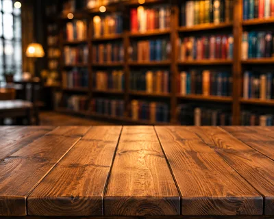 Empty Wooden Table In A Cozy Library