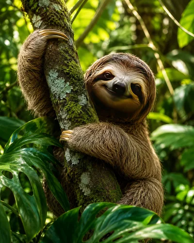 Three Toed Sloth Clinging To Mossy Tree