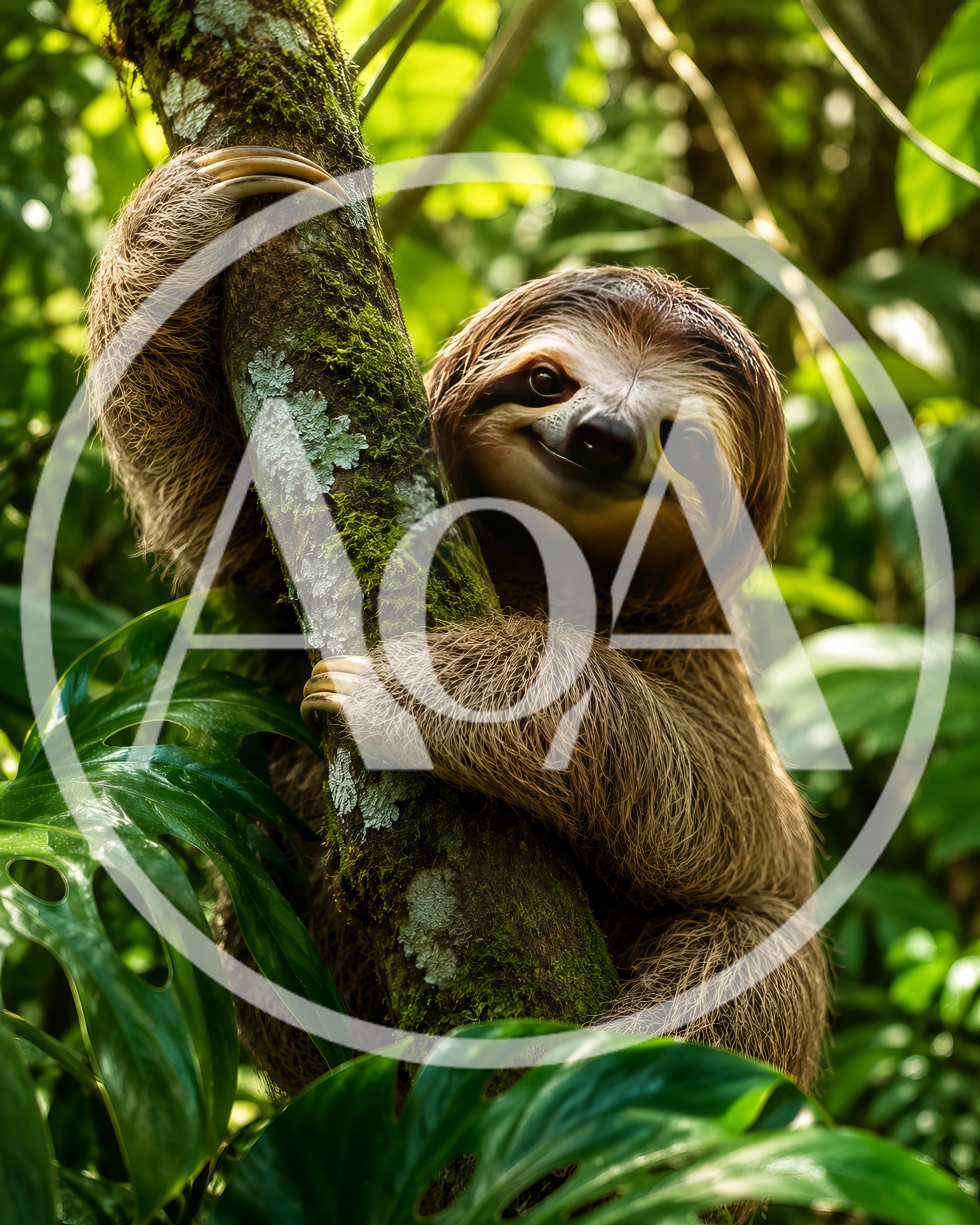 Three Toed Sloth Clinging To Mossy Tree