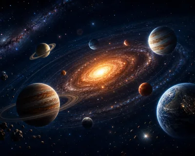 Cosmic View Of Planets Orbiting A Glowing Galaxy