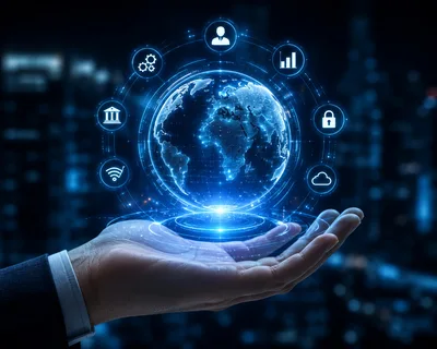 Digital Globe Hologram Hovering Above Business Hand