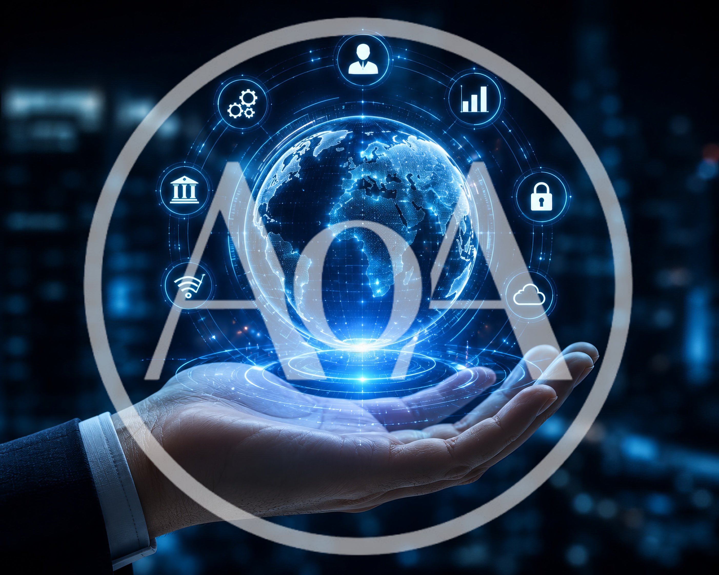 Digital Globe Hologram Hovering Above Business Hand