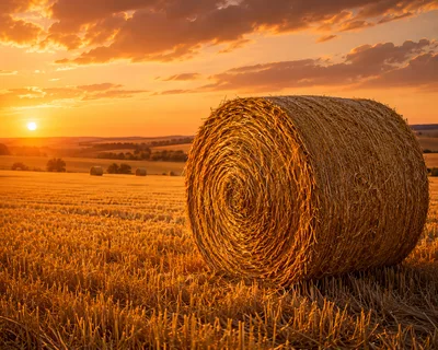 Large Round Hay Bale in Golden Harvest Field