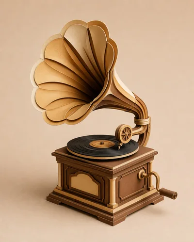 Papercraft Gramophone Model on Beige Background