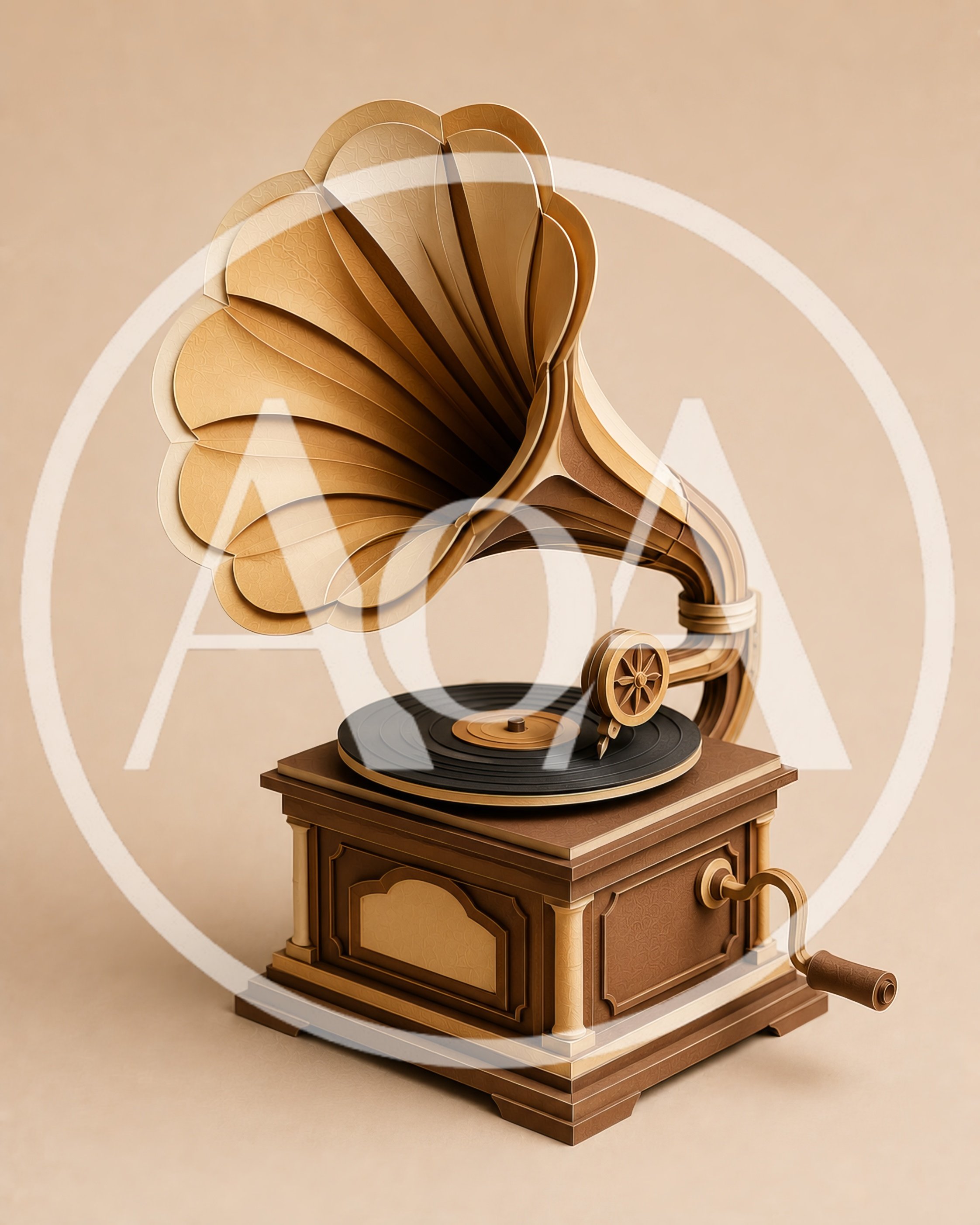 Papercraft Gramophone Model on Beige Background