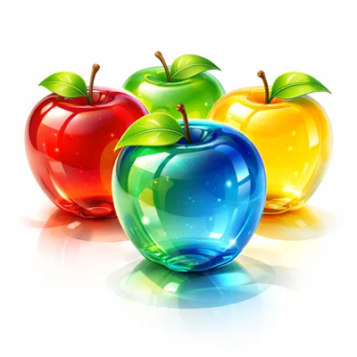 Four Glossy Glass Apples In Red Green Blue Yellow