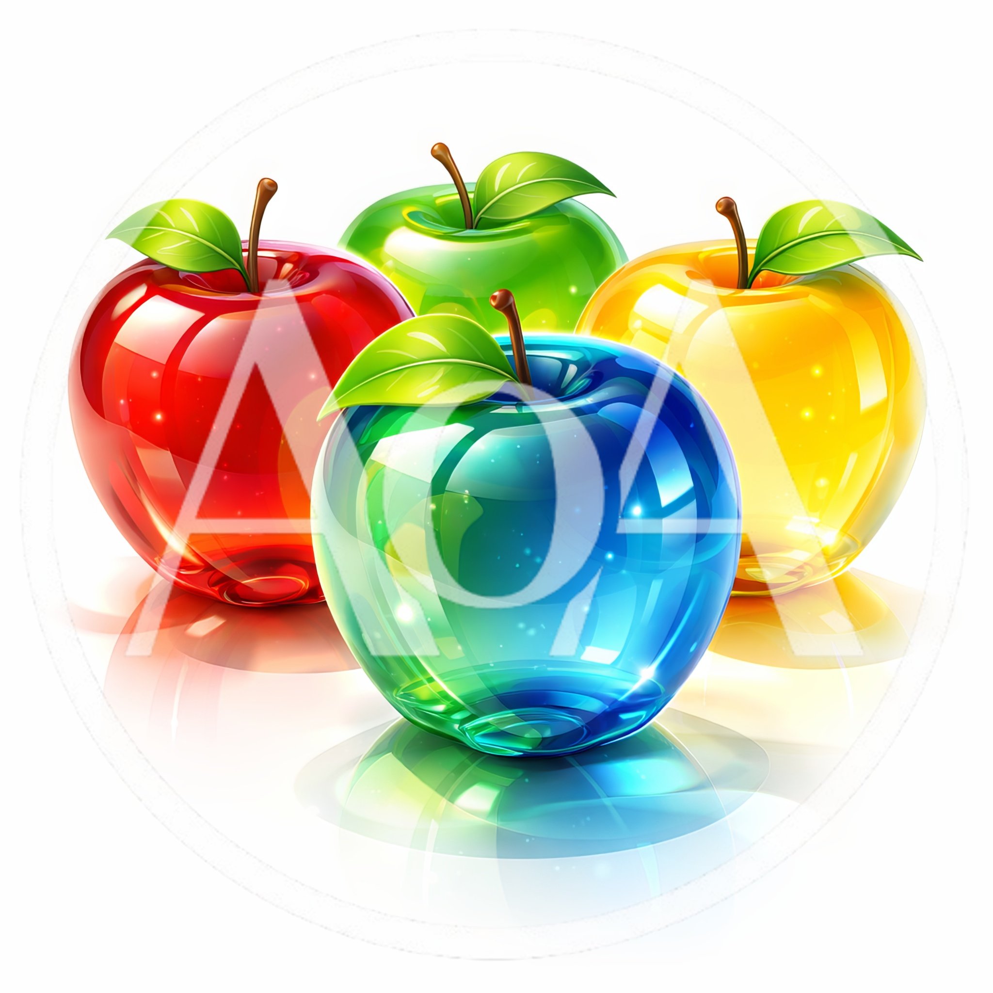 Four Glossy Glass Apples In Red Green Blue Yellow