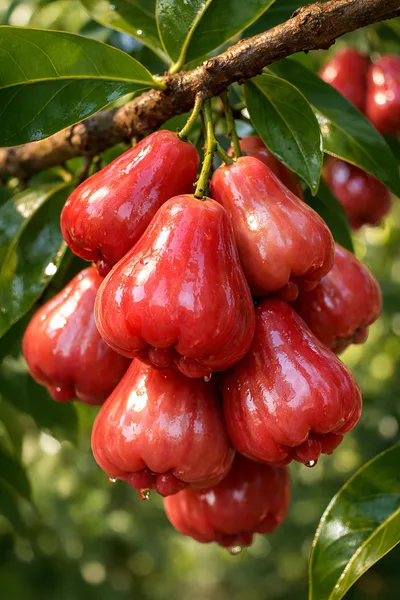 Cluster of Fresh Ripe Red Rose Apples on Tree