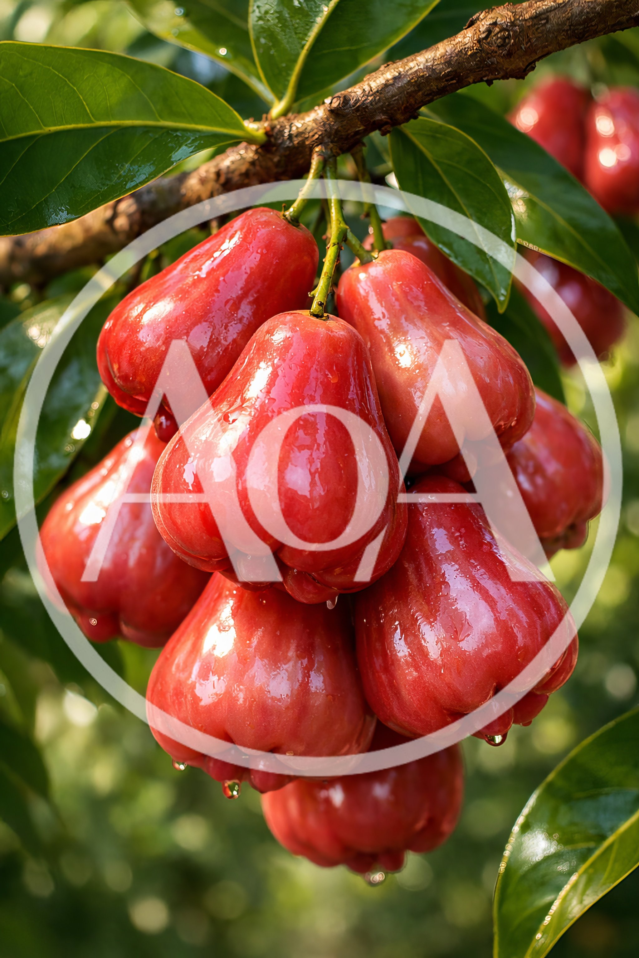 Cluster of Fresh Ripe Red Rose Apples on Tree