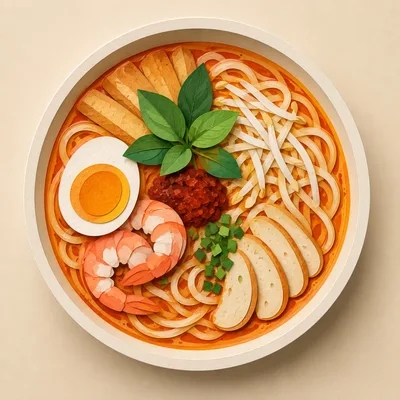 Top View Of A Bowl Of Spicy Laksa Noodle Soup