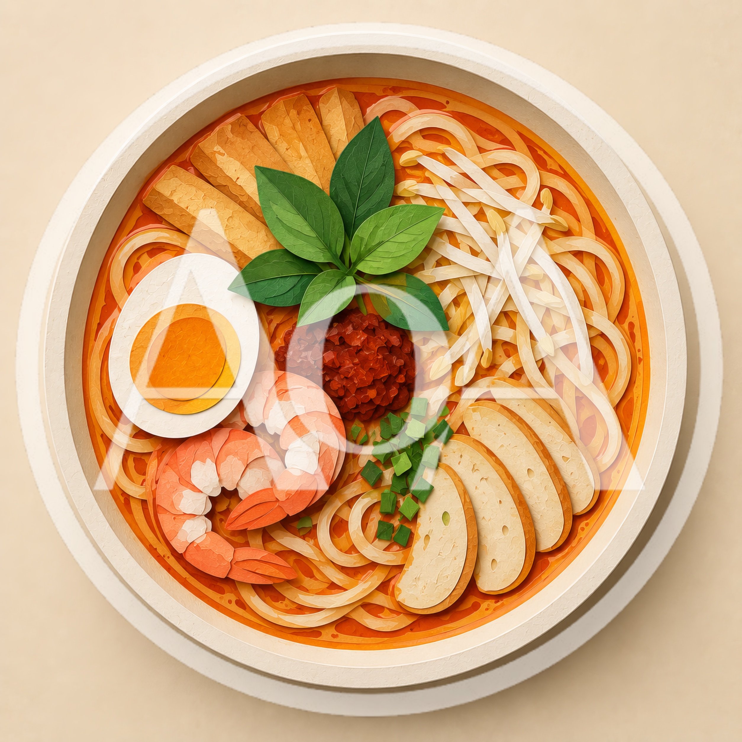 Top View Of A Bowl Of Spicy Laksa Noodle Soup