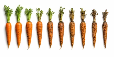Ten Carrots Showing Stages Of Decay