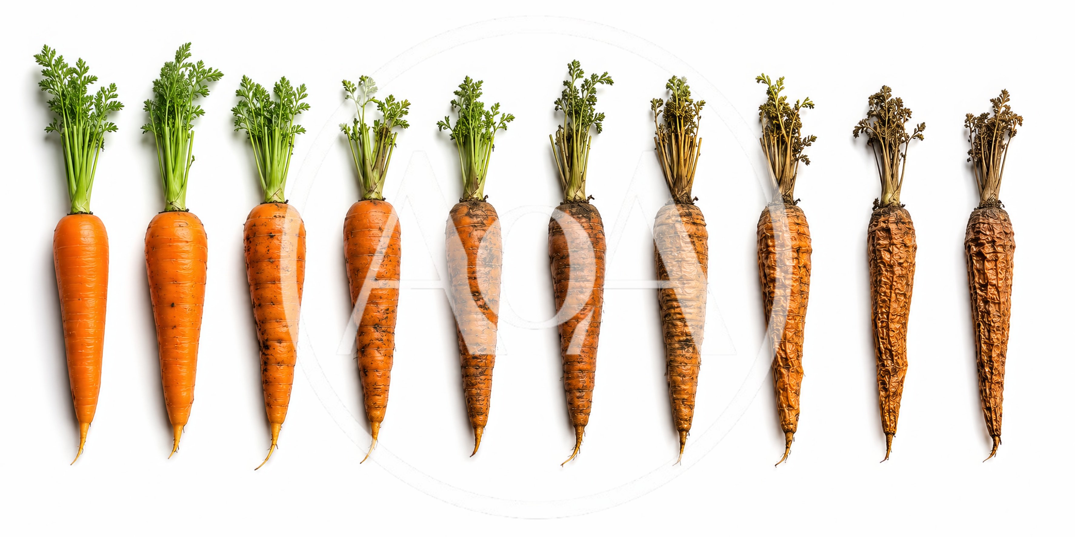 Ten Carrots Showing Stages Of Decay