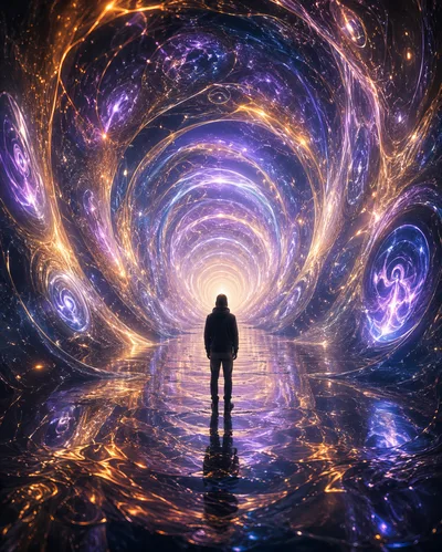 Person Standing In A Cosmic Portal Tunnel