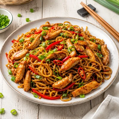 Stir Fried Chicken Noodles With Chili And Scallions