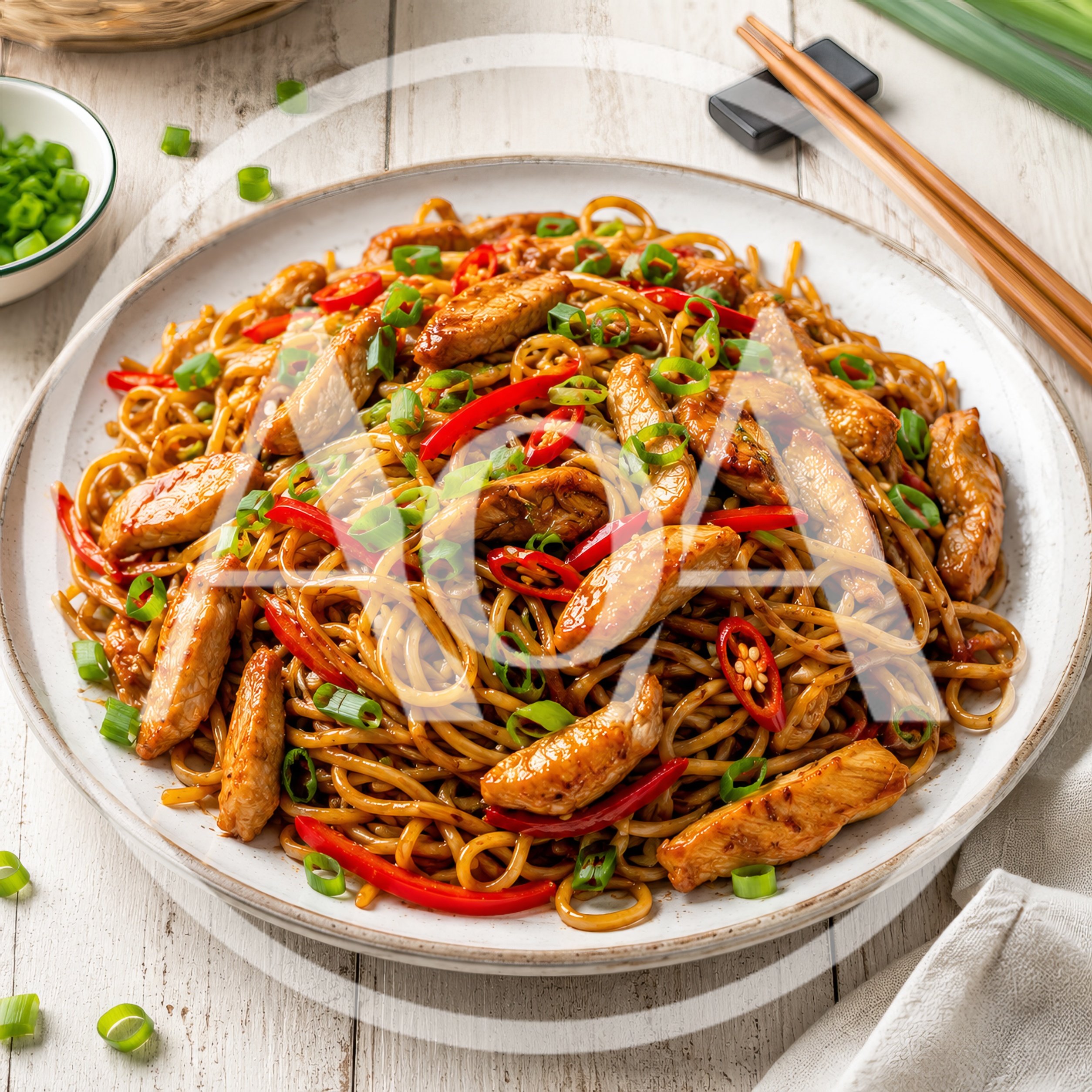Stir Fried Chicken Noodles With Chili And Scallions