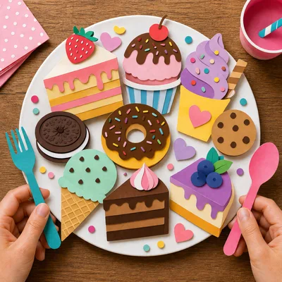 Paper Craft Dessert Platter With Hands Holding Utensils