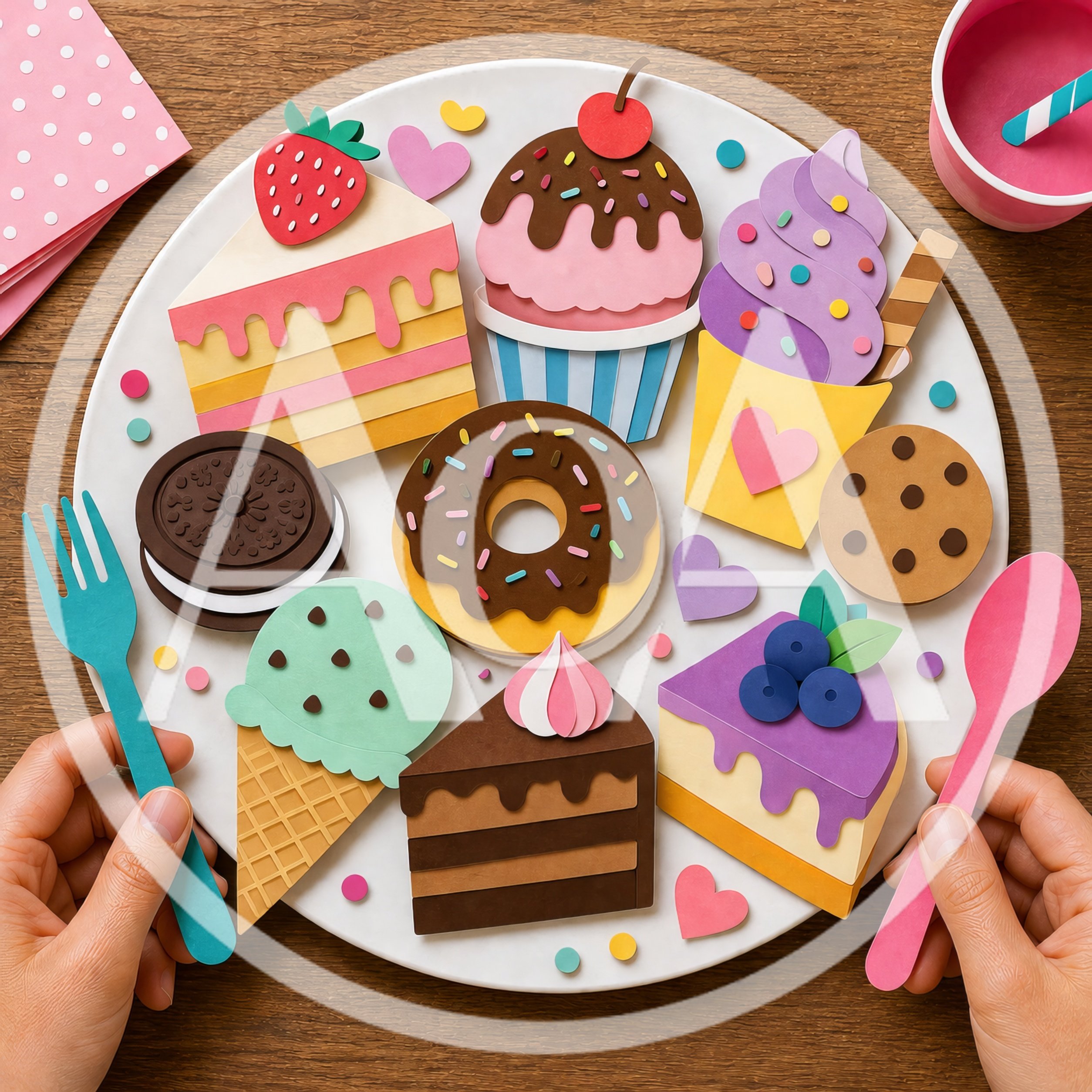 Paper Craft Dessert Platter With Hands Holding Utensils