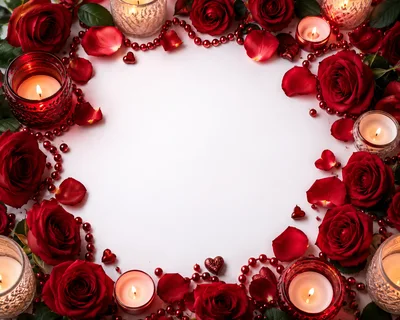 Romantic Red Rose Frame with Candles and Hearts