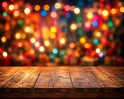 Rustic Wooden Table With Blurred Christmas Lights Background