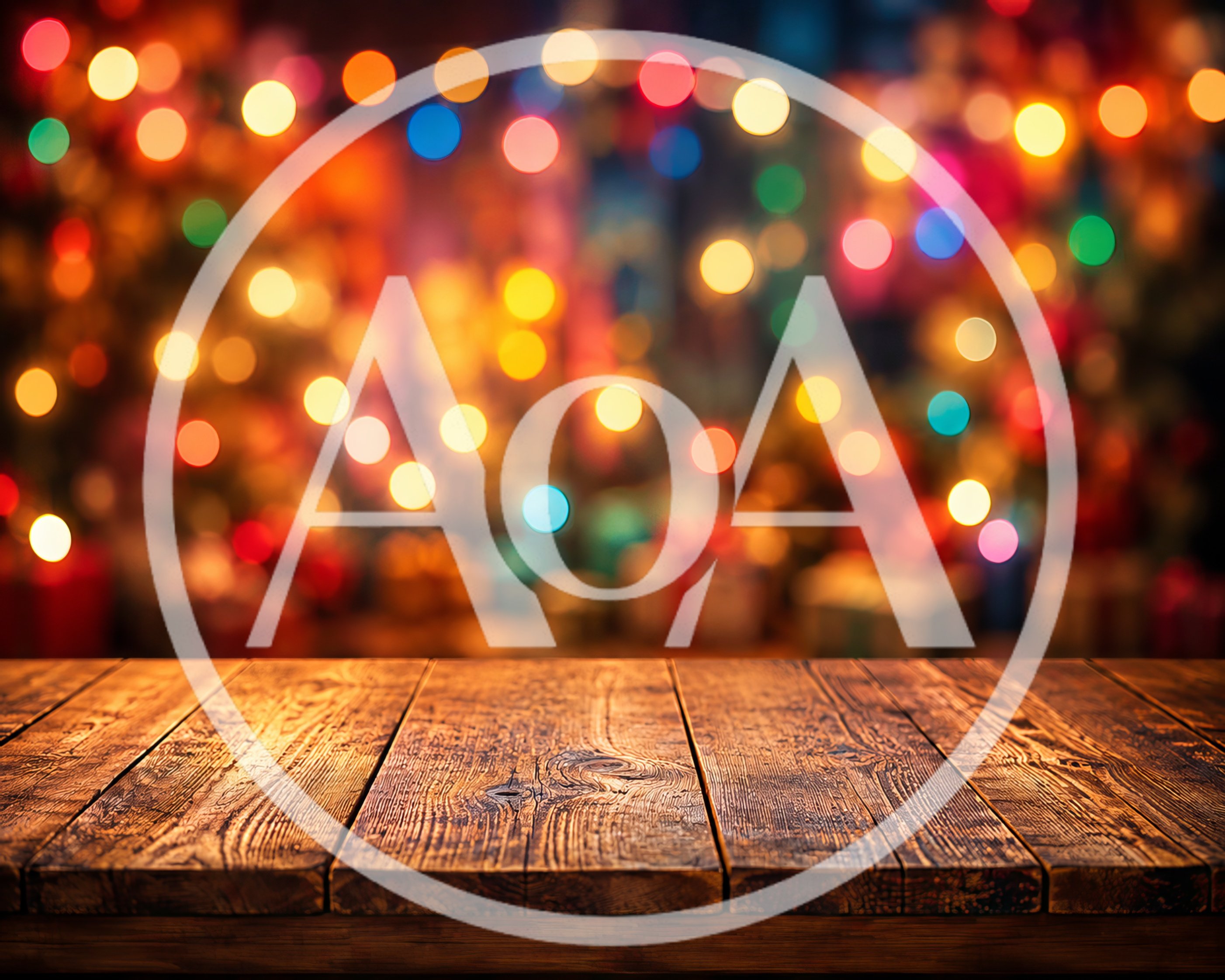 Rustic Wooden Table With Blurred Christmas Lights Background