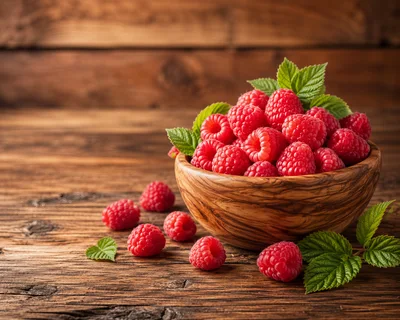 Fresh Raspberries In A Wooden Bowl