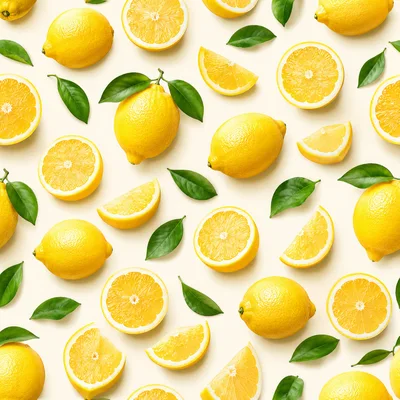 Seamless Pattern of Fresh Yellow Lemons and Leaves