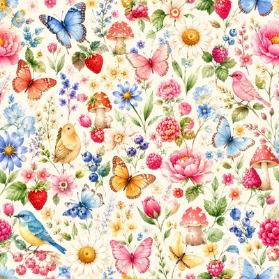 Seamless Pattern With Butterflies Birds And Wildflowers