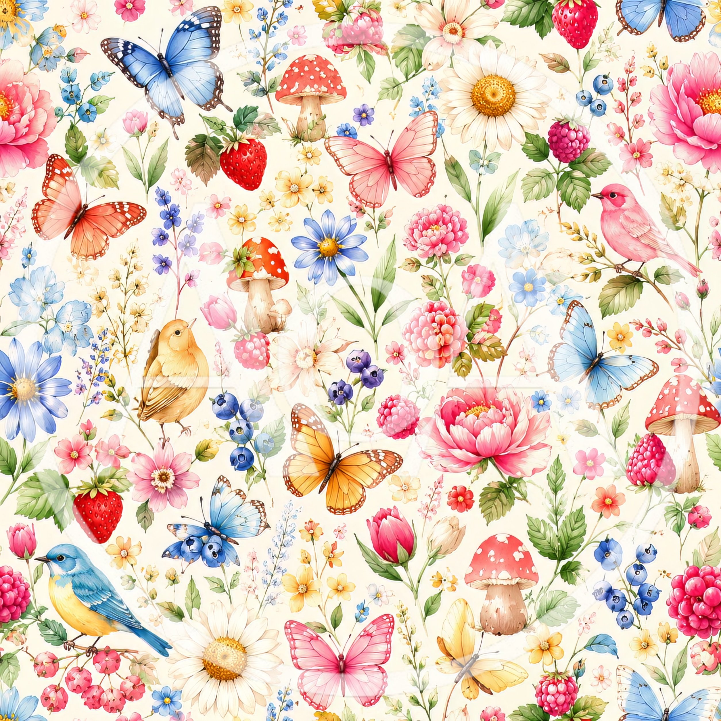 Seamless Pattern With Butterflies Birds And Wildflowers